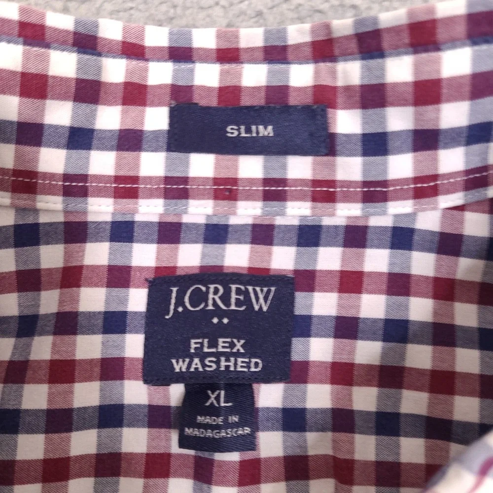 J Crew Shirt Mens XL Slim Fit Red White Blue Gingham Plaid Flex Washed Button Up